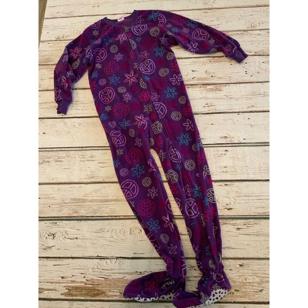 Circo Girls Purple Fleece Footed Pajamas Peace Sign Floral‎ Sleeper Size S 6 6X